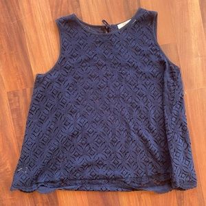 LOFT Navy Sleeveless Sheer Top w/ Scallop Hem, Large